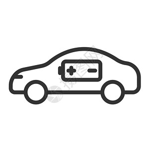 汽车蓄电池电动生态汽车与电池蓄电池轮廓矢量图标隔离在白色背景 用于 web 移动和用户界面设计的电动汽车平面图标 电动生态交通概念发动机生插画