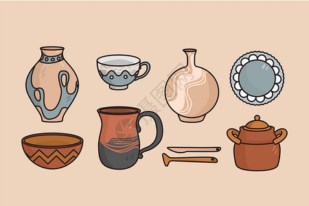 制作陶瓷Clay厨房和餐具概念插画
