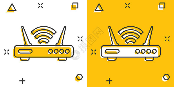 无线天线漫画风格的 Wifi 路由器图标 白色孤立背景上的宽带卡通矢量插图 互联网连接飞溅效应商业概念黄色技术电子无线信号网络数据卡通片设计图片