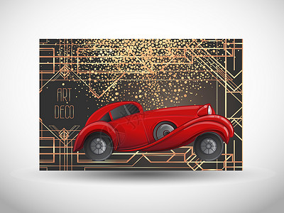 汽车内外饰带有红色汽车插图的装饰艺术复古邀请模板设计 矢量图 咆哮的二十年代 经典汽车 豪华插画