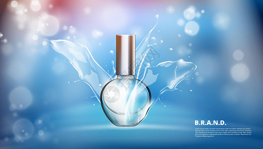 玻璃瓶包装展示水喷洒广告中真实的香水瓶装玻璃瓶插画