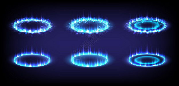 发光的 HUD 中的科幻高科技舞台系列 科学未来派的全息图门户 奇幻游戏中的魔法传送门 3D 音乐声波 圆形传送讲台 GUI U背景图片