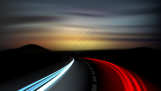 高速公路上轻轨道长距离接触车辆尾巴速度驾驶日落交通运动时间大灯插图运输插画