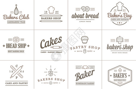 一组矢量烤烤糕饼元素和面包图标说明可用作保费质量的Logo或图标蛋糕搅拌机横幅标签小麦勺子潮人食物别针滚动插画