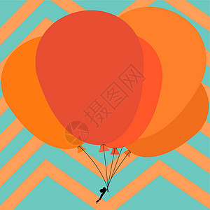 降落伞热气球人持气球在飞动 有条纹背景的多彩气球喜悦热气球创造力蓝色自由降落伞活动男人墙纸商业插画