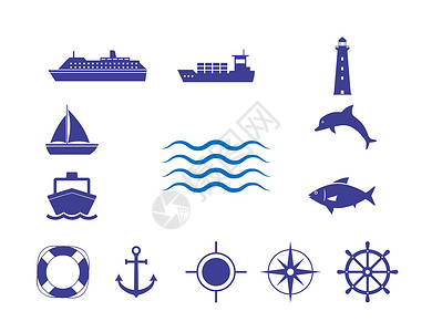 灯塔标识海图标设置 矢量图示 平面设计车轮潜艇海滩帆船海军插图液体收藏章鱼标识插画