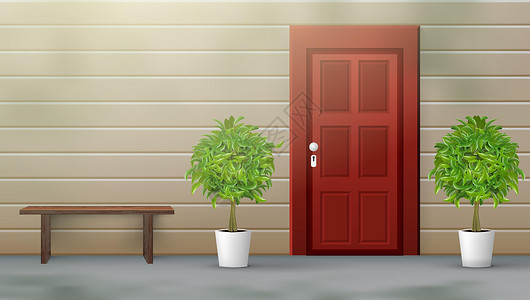 园林门带有植物和休息室的前门插图长椅木头家园房子绿色植物晴天园艺建筑小屋插画