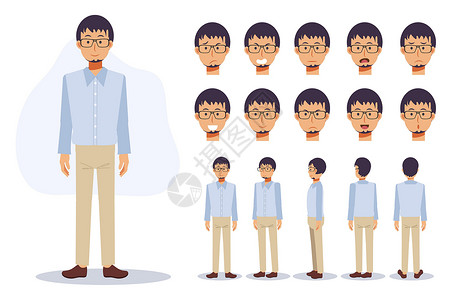 无脸男男子的性格在各种观点中穿戴带眼镜的散装服装 Flat矢量 2D 卡通字符插图设计图片