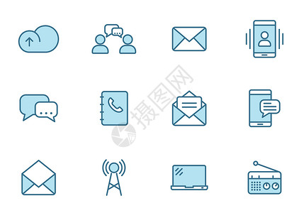 ui框通信线矢量图标在白色上孤立的两种颜色 用于 web 和 ui 设计 移动应用程序和印刷产品的通信蓝色图标集办公室邮件话框麦克风电设计图片