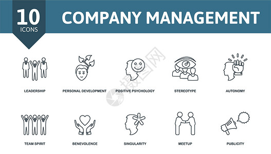 公司管理图标集 收集简单元素 如领导力 个人发展 积极心理学 刻板印象 聚会 仁慈 宣传背景图片