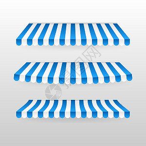 蓝色和白色的遮阳伞 咖啡厅和商店橱窗隔离矢量集的户外遮阳篷 用于市场的帐篷遮阳伞 用于商店插图的条纹夏季扇贝摊位杂货店遮阳棚商业背景图片