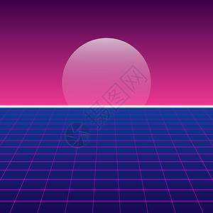 骚波朋克明亮的粉红紫色反光前锋背景未来风景1980年代风格墙纸行星合成器合成虚拟现实潮人游戏海报海浪星星设计图片