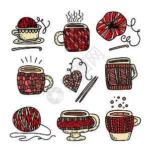 茶针Doodle 风格彩色剪辑 配有编织的杯子和咖啡及纱线 用于印刷和网络的多彩矢量设计插画