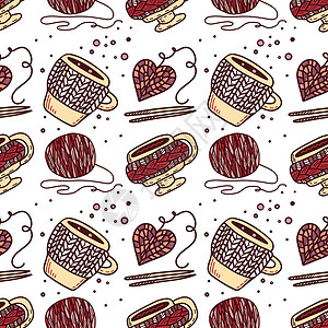 茶针无缝模式 装有带咖啡和纱线的编织杯子 用于印刷和网络的多彩矢量设计插画