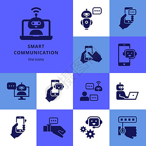 移动机器人通信智能技术矢量图标成套图集未来派中心顾客环境电话助手移动手表服务设备插画