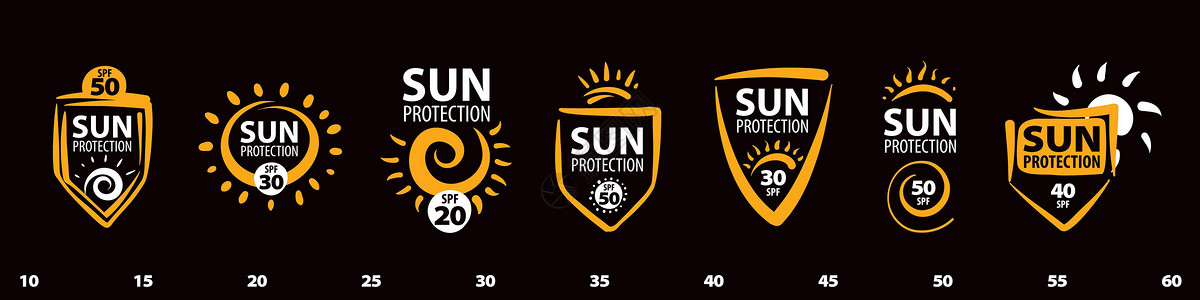 晒黑一套矢量标识集 在黑色背景上保护太阳插画