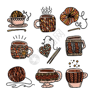 茶针Doodle 风格彩色剪辑 配有编织咖啡的杯子 用于印刷和网络的多彩矢量设计插画