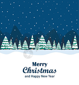 松树上的雪贺卡上写着圣诞快乐和新年快乐 还有森林里的冬夜景观插画