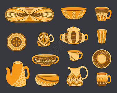 一套橙色手工制陶器平板矢量插图收藏陶瓷餐厅盘子早餐玻璃制品沙拉茶壶服务插画