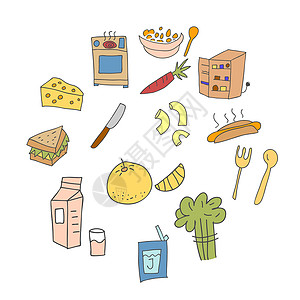 厨具套装一套元素涂鸦烹饪设备五颜六色 烹饪涂鸦设计元素插画