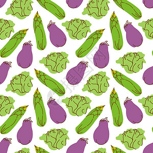 紫色豌豆花无缝型蔬菜 配有茄子 玉米 卷心菜等成分的蔬菜设计图片