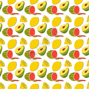 果类形态 包括彩色杜勒西瓜 阿伏卡多 柠檬 无矢量密封的水果样板插图背景图片