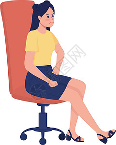 暴躁的女人坐在椅子半平板彩色向量字符中的不满女孩插画