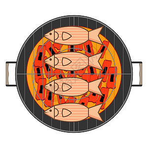 烤海鲜在圆形烤架上烧煤的炸鱼 白色背景的矢量插图插画