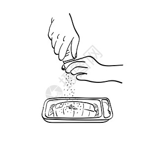 高糖食物紧握着清凉牛排插图上的盐地窖的手 在白色背景线艺术上被孤立设计图片