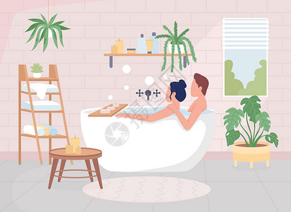 使用浴室平板彩色矢量插图的夫妇夫妻房间烛光横幅女朋友温泉信息洗澡图表丈夫背景图片