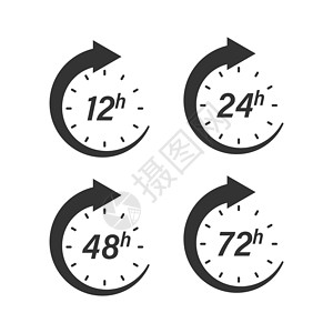 7080岁平面样式的 12 24 48 和 72 小时时钟图标 孤立背景上的计时器倒计时矢量插图 送货服务时间标志的经营理念数字工作销售时插画