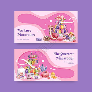 Twitter模板 配有玛卡龙甜美糖概念 水彩色风格糕点食物绿色杏仁甜点奶油粉色巧克力媒体社交背景图片
