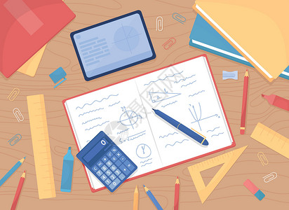 记事本和铅笔数学家庭作业平板彩色矢量插图设计图片