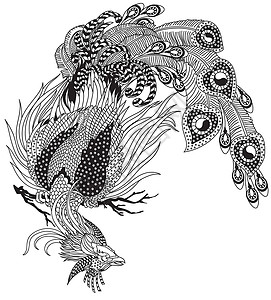 中国凤凰或凤黄魔法鸟 黑白两色背景图片