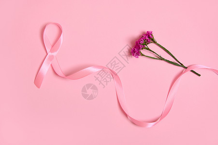 消防宣传月平躺着一条长长的粉红色缎带 一端是无尽的花朵 乳腺癌意识 医学概念隔离在粉红色背景与复制空间 十月宣传月活动背景