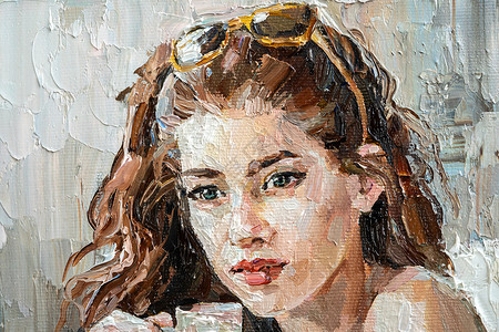 咖啡馆里的女孩喝咖啡绘画奶油调色眼睛浮雕女性宏观头发女士帆布背景图片