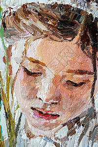 白色背景中手里拿着一朵花的女孩女士绘画帆布赭石调色笔触头发宏观浮雕嘴唇背景图片