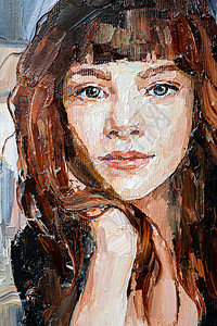 一个女孩的特写肖像浮雕奶油女孩笔触赭石眼睛调色头发嘴唇女性背景图片