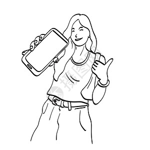 微笑的女孩显示智能手机插图的空白屏幕的艺术线女性 用白色背景孤立的矢量手绘制设计图片