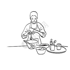 手工面团白色围裙的年轻美术女厨师 在白背景上被孤立的碗样插图矢量手中投下鲜蛋黄插画