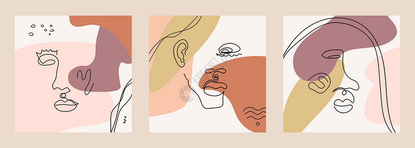 人脸照片在线条艺术风格中孤立的抽象形状背景上设置一套现代肖像集海浪创造力打印草图人脸海报插图收藏粉色卡片设计图片
