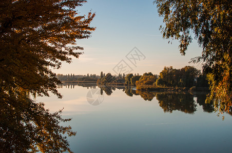 夕阳映衬着收获季节的九月河 树木在水中的倒影 美丽的秋天风景 秋天的颜色倒映在平静的水面上场景蓝色公园城市天空世界太阳地平线游泳背景图片