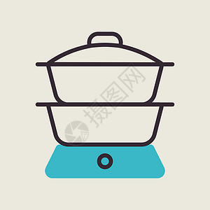 中西双厨双锅炉矢量图标 厨电蒸汽汽船厨房饮食家庭美食厨具标识烹饪工具插画