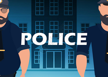 一名穿着防弹背心的警察 在警察局门口 广场旗帜 卡通风格城市法律文档职业男人车站卡通片执法工作插图插画