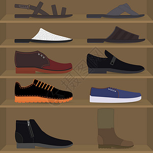 男士靴子货架上的男鞋 侧面图 设置不同类型的男士时尚鞋类 秋冬春夏男鞋系列 包括拖鞋 靴子 运动鞋 凉鞋插画