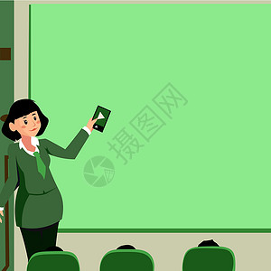 做椅子女人女人拿着遥控器在背景屏幕上展示最新的想法 女士站在前板做演示 展示未来的项目战略计划微笑研讨会商业绘画经理计算机教学椅子幸福卡通设计图片