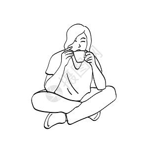 坐在地上女人妇女坐在地上 用白色背景线艺术所隔离的咖啡插图式矢量手抽出一杯咖啡杯设计图片