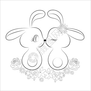 奔跑的兔子快乐的小兔子看着彼此美丽的复活节插图 黑白矢量卡通插图为着色书设计图片