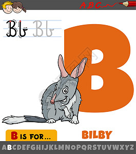 灰兔耳字母 B 用卡通卷饼动物的字母表设计图片