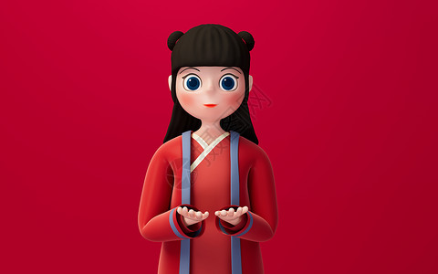 一个中国女孩 红色背景 卡通人物 3D演艺孩子们喜悦庆典问候语文化传统运气女孩童年展示背景图片